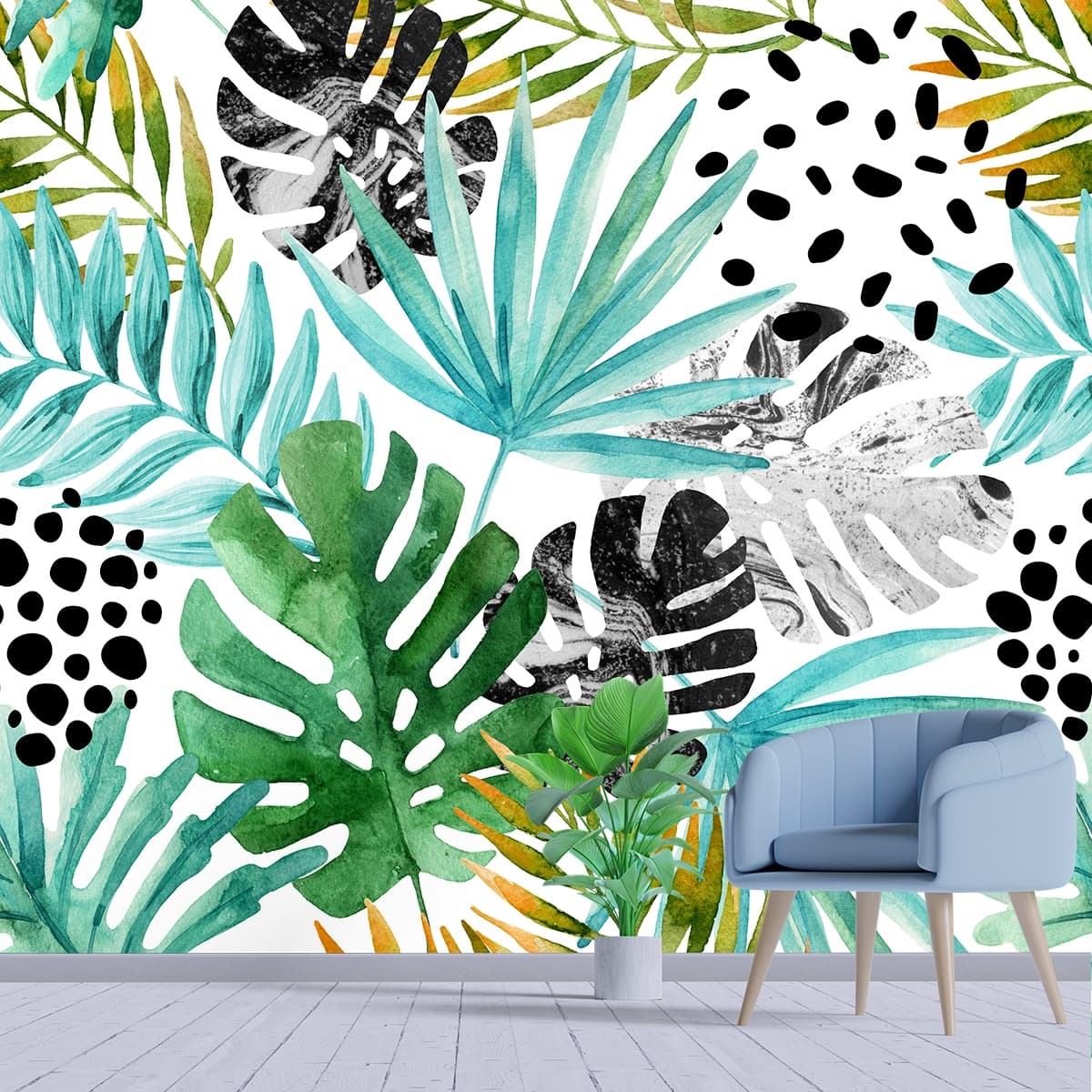Watercolor Tropical Leaves Painting Wallpaper shown in a room