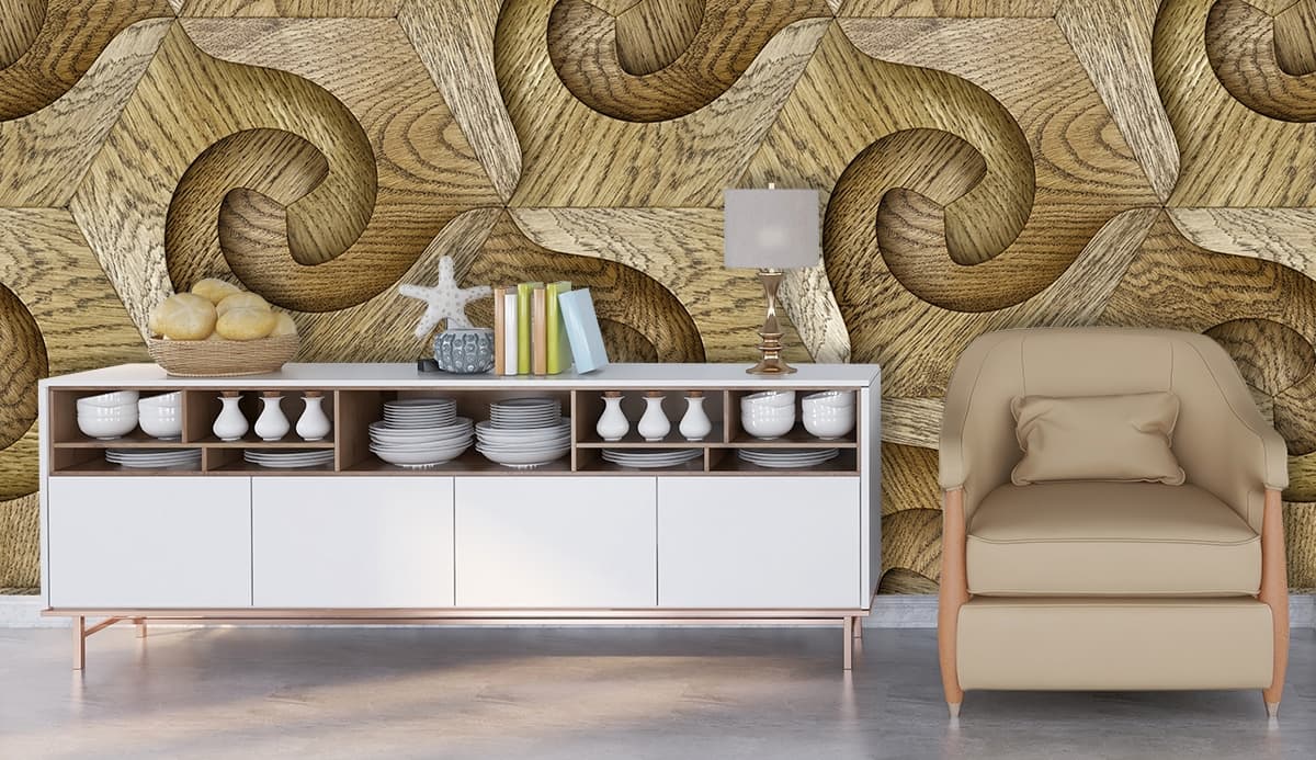 3D Beige Wood Pattern Wallpaper Mural shown in a room