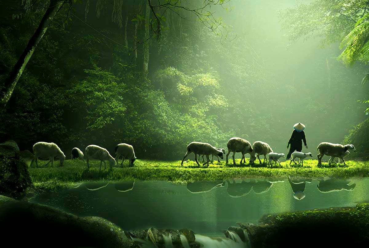 Green Woodland Landscape Wall Mural pattern detail