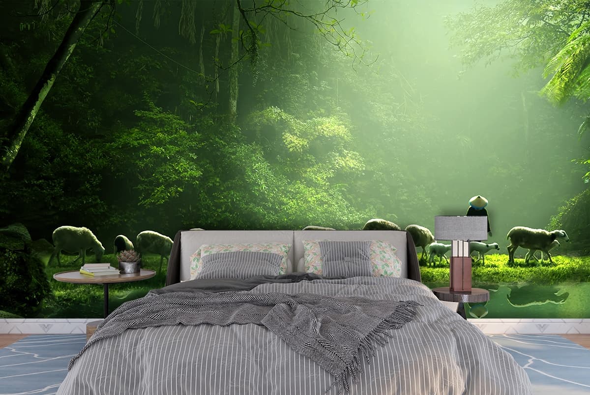 Green Woodland Landscape Wall Mural shown in a room
