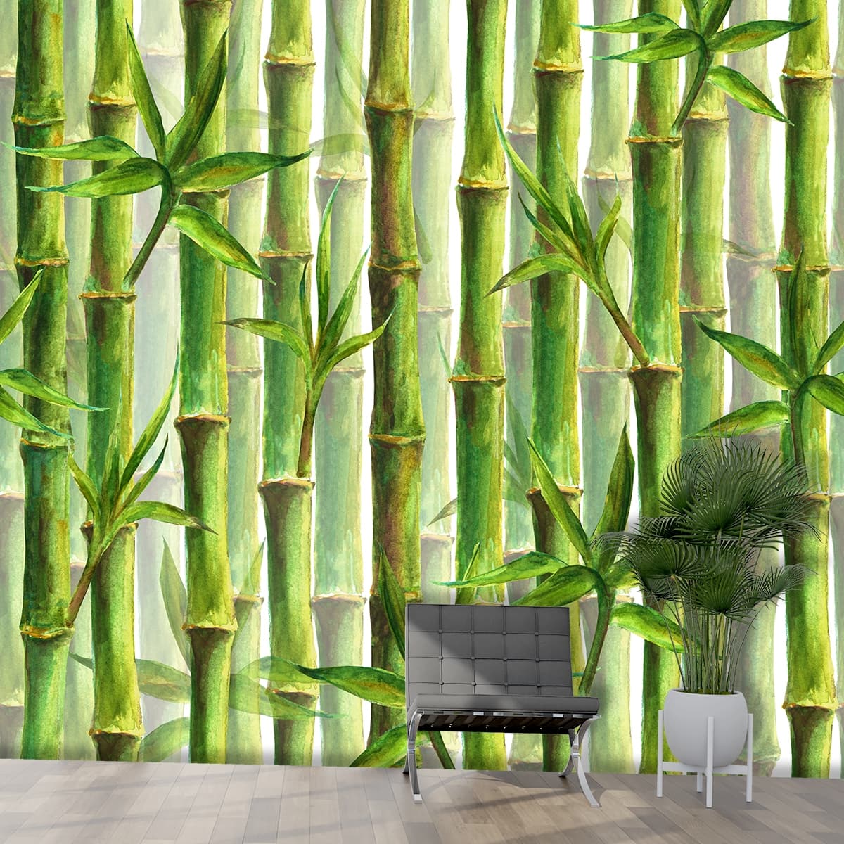 Bamboo Wallpaper for Walls, Green Stems with leaves shown in a room