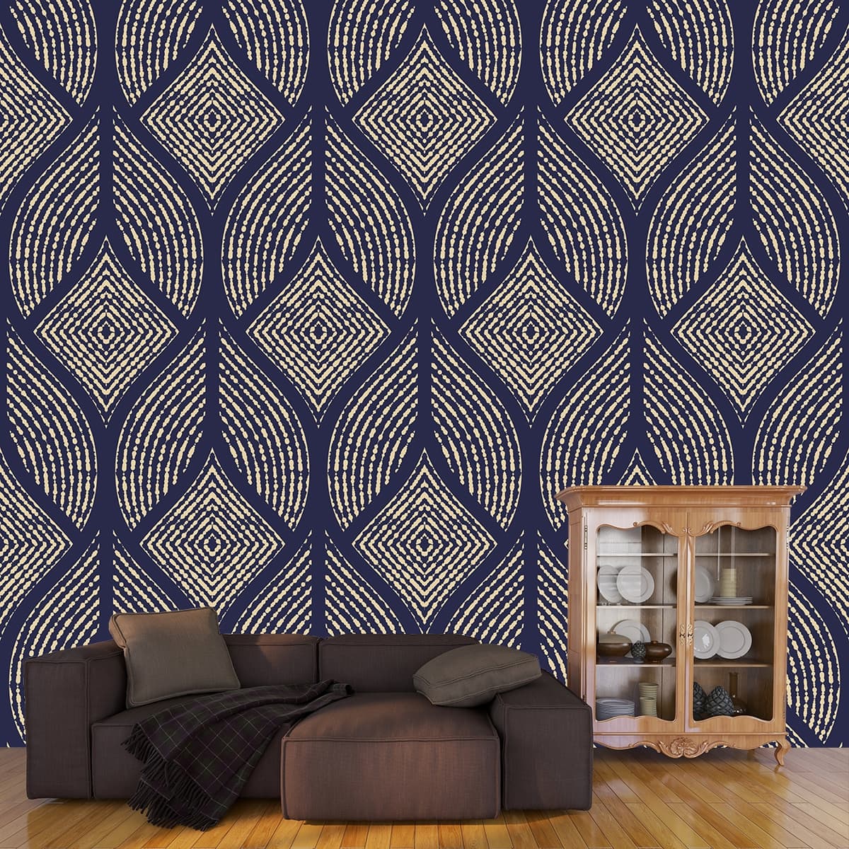 Blue Background with White Yellow Lines Modern Wallpaper shown in a room