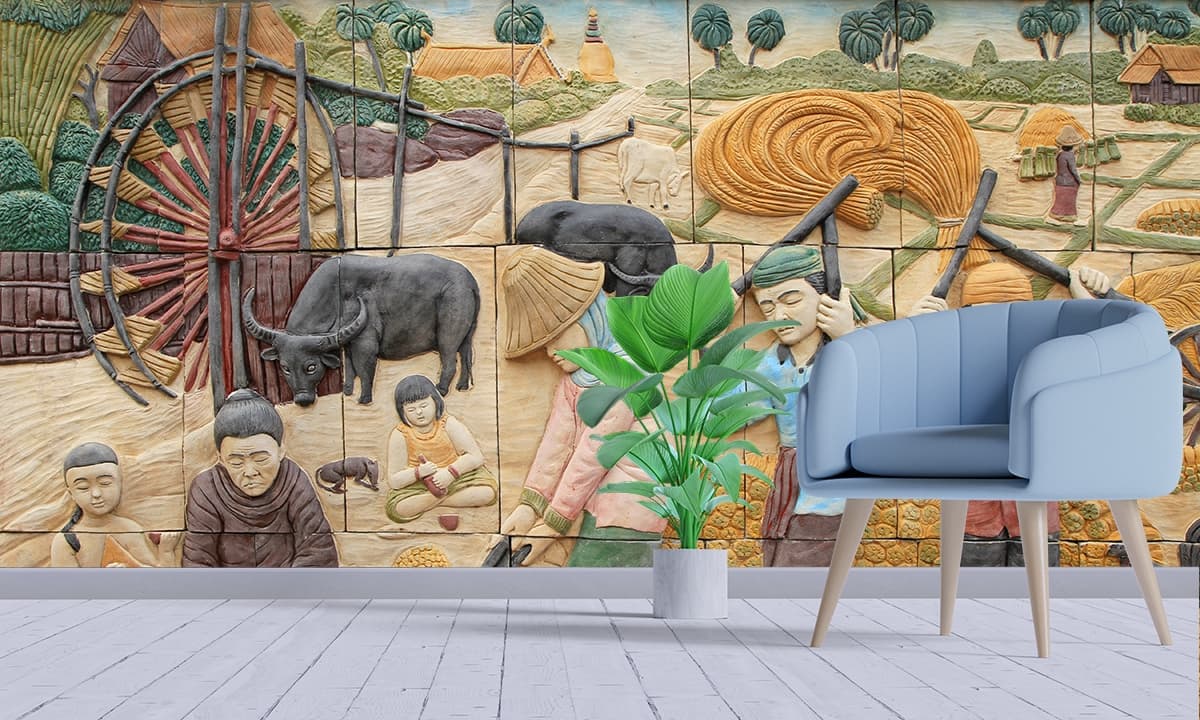 Mural of People Working in Field Wallpaper shown in a room