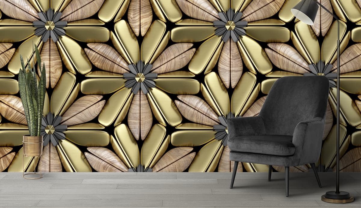Luxury Metallic Gold and Silver Floral Wallpaper shown in a room