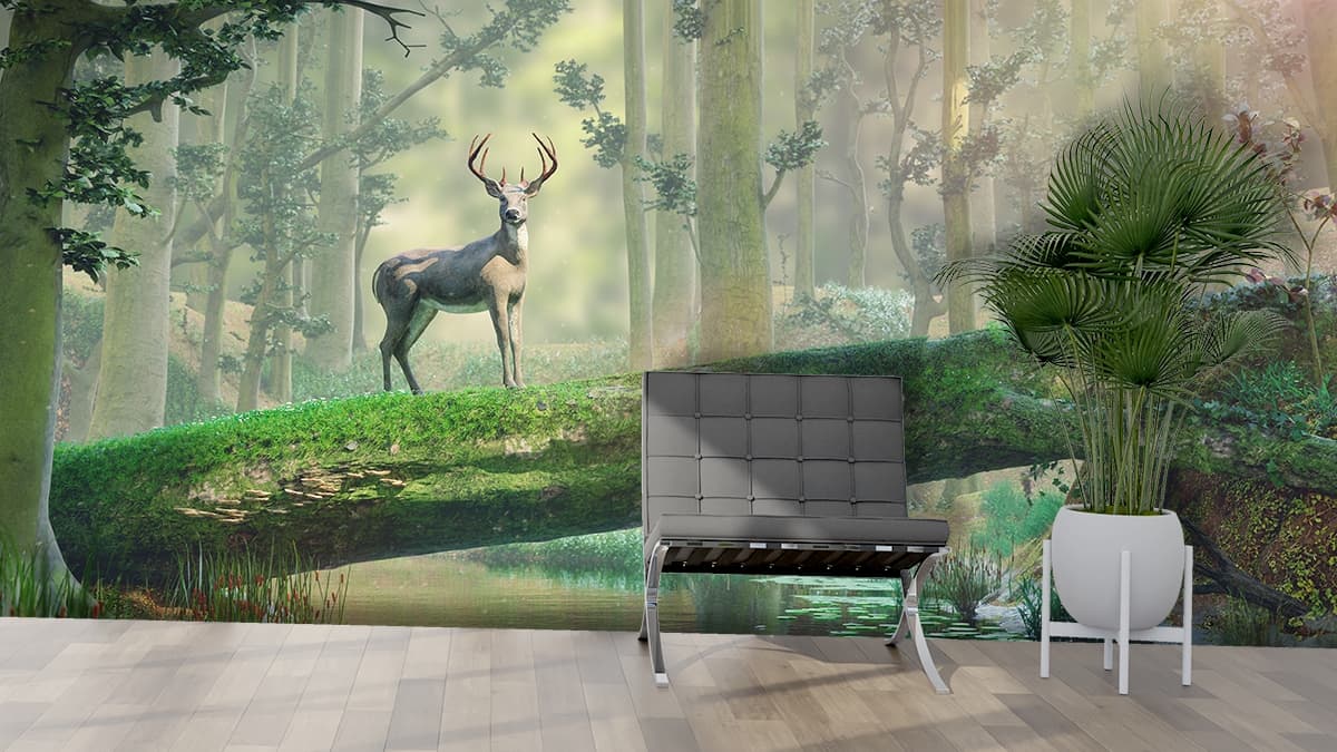Deer Standing on a Log Over a River Nature Wallpaper shown in a room
