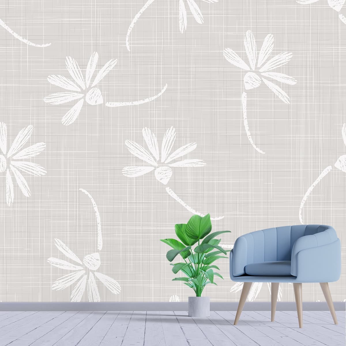 Floral Design on Grey Textile Texture Wallpaper shown in a room