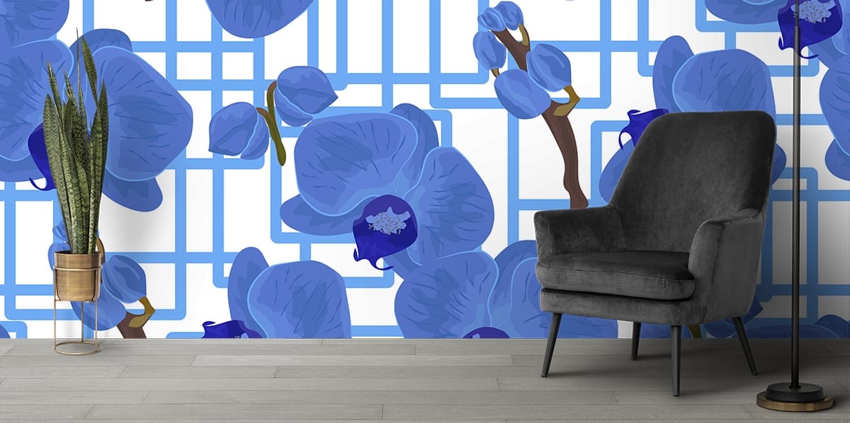 Blue Flowers on White Background Wallpaper for Walls shown in a room