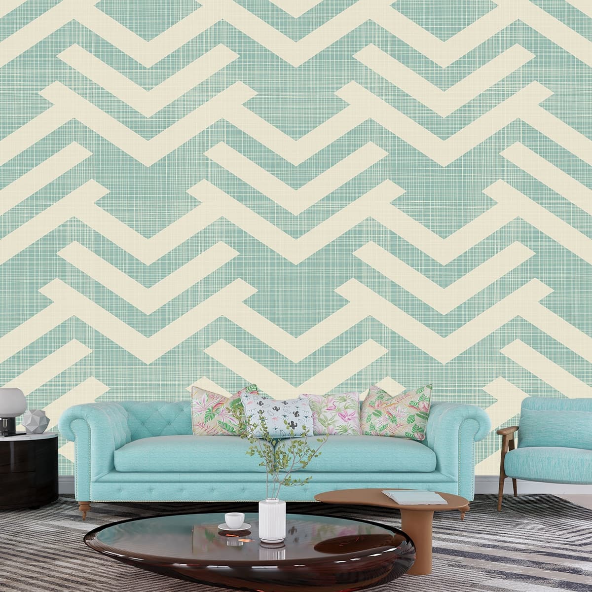 Modern Teal Chevron Wall Design Wallpaper shown in a room