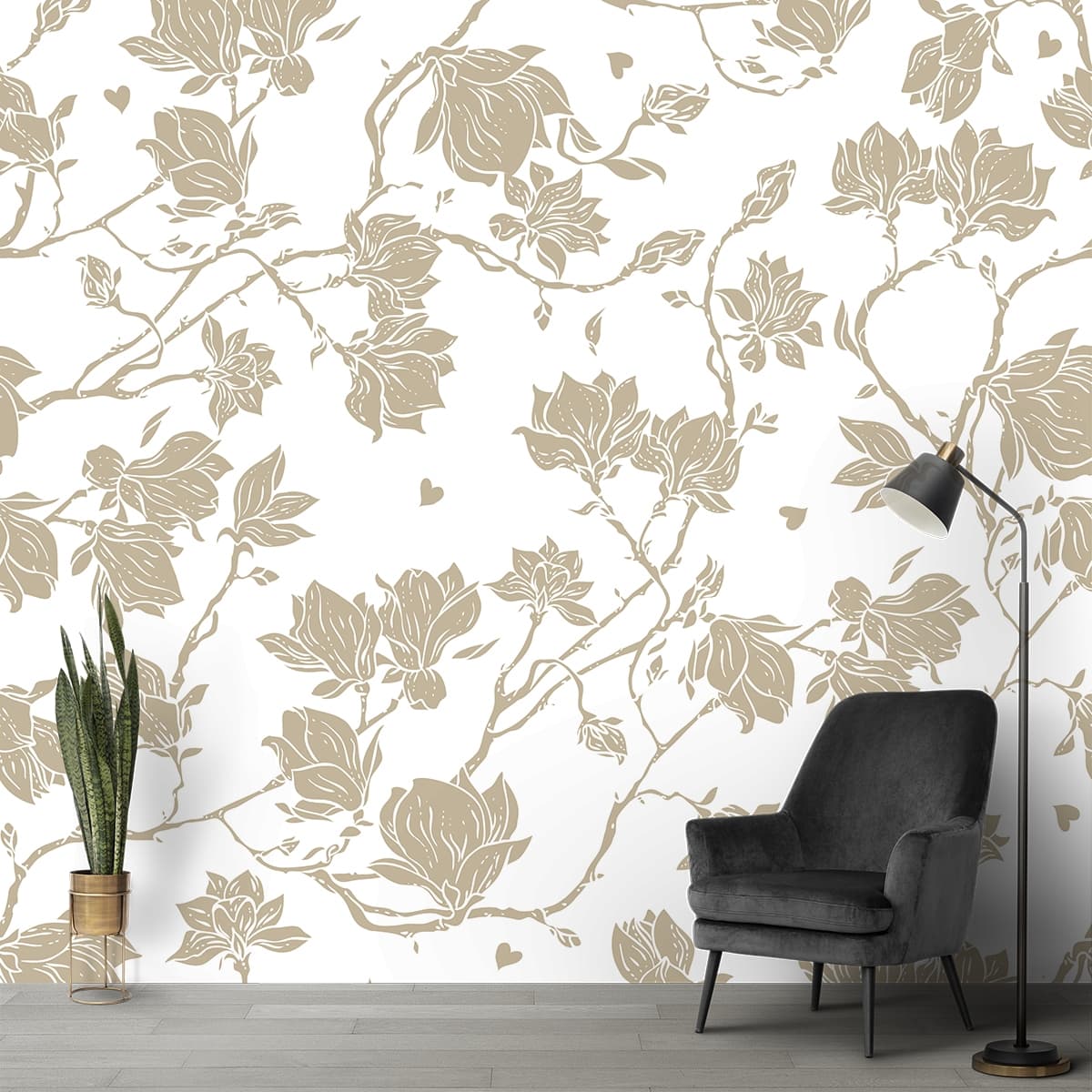 A pattern of flowers on a white background shown in a room