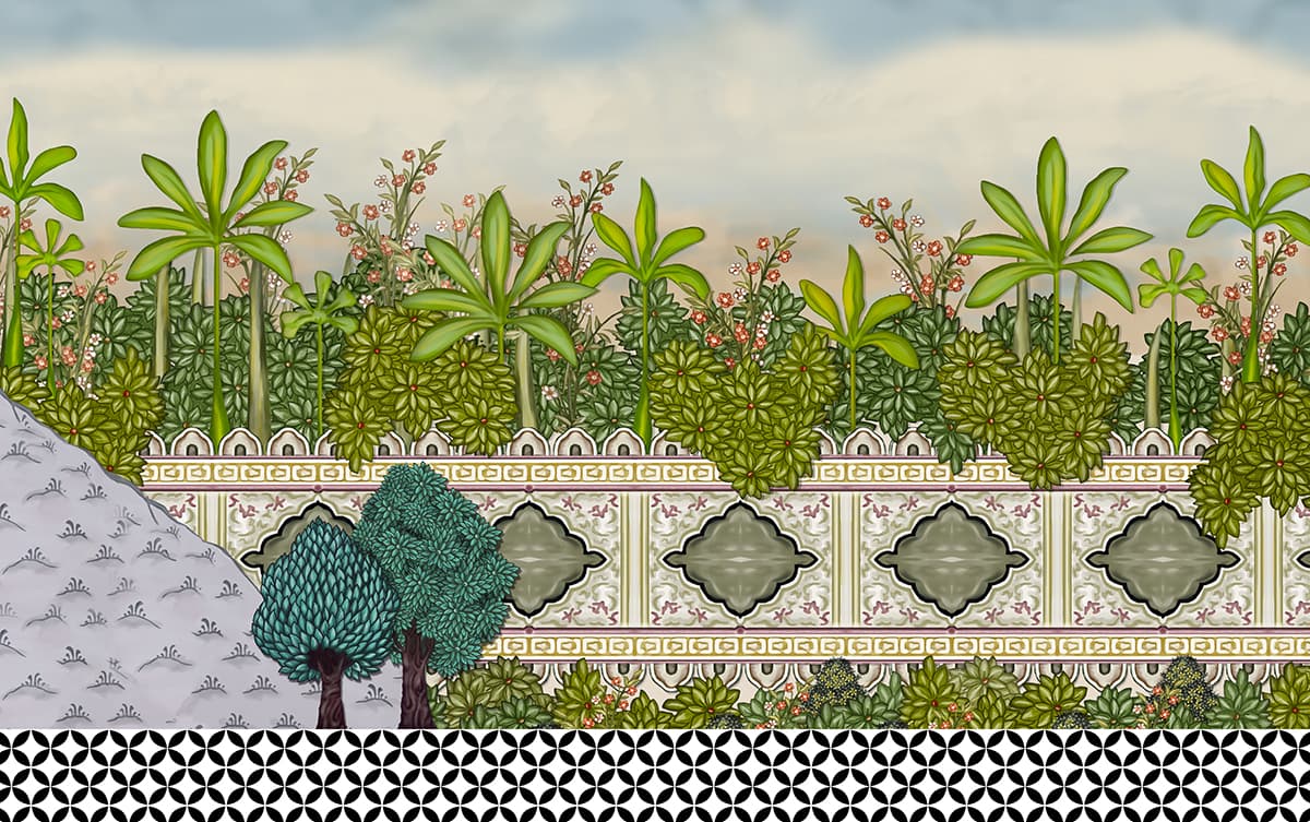 A wall with plants and flowers pattern detail