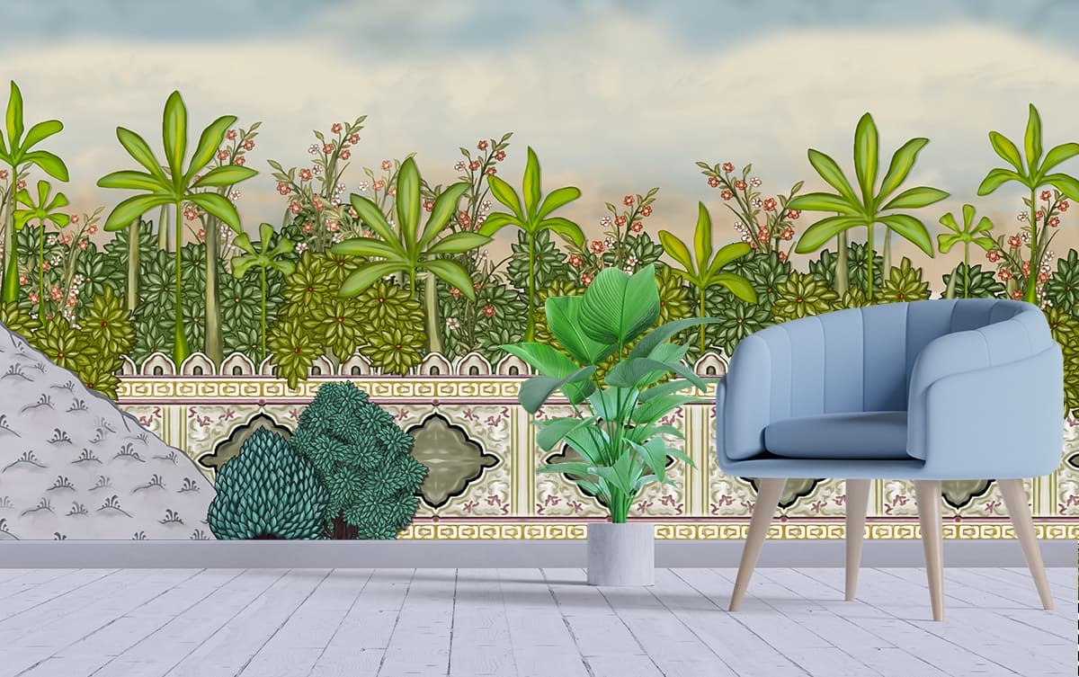 A wall with plants and flowers shown in a room