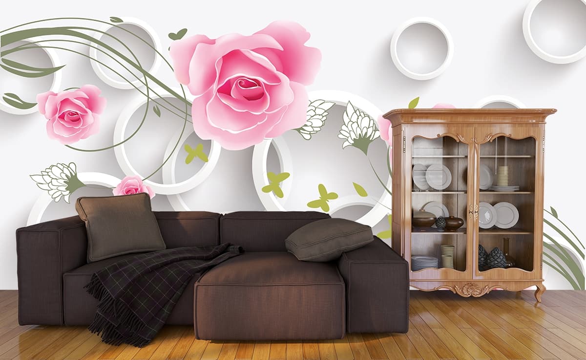 Pink Roses With 3D White Rings Wallpaper for Wall shown in a room