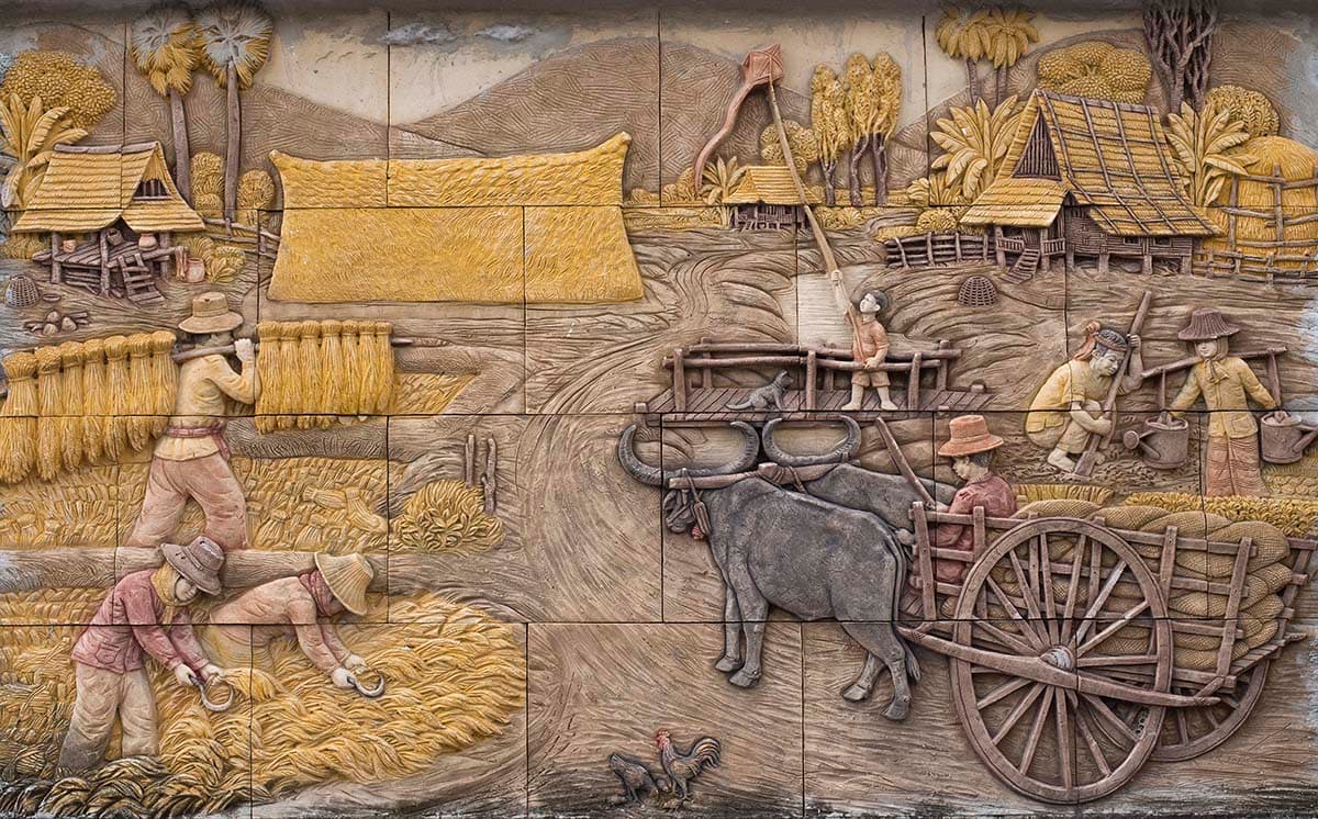 Rustic Farm Scene Village Landscape Wallpaper pattern detail