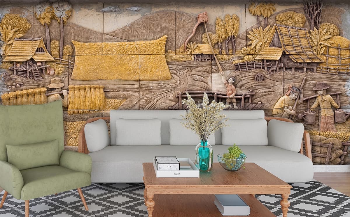 Rustic Farm Scene Village Landscape Wallpaper shown in a room