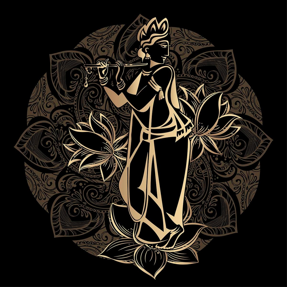 Modern Black Gold Krishna Illustration Wallpaper pattern detail