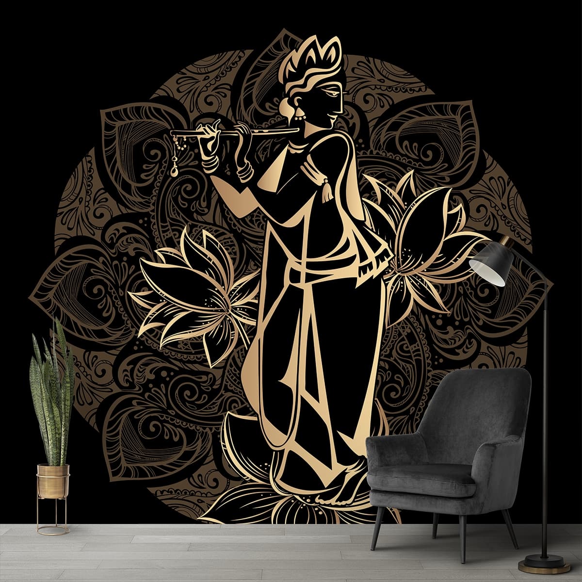 Modern Black Gold Krishna Illustration Wallpaper shown in a room