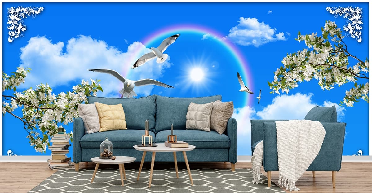 Seagulls Flying in the Sky Wallpaper for Ceiling shown in a room