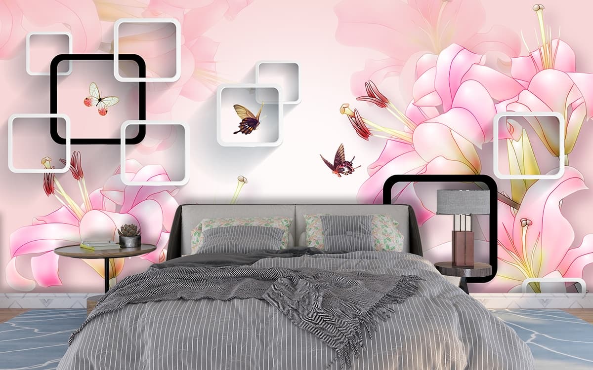 Aesthetic Pink Floral and Butterfly Pattern Wallpaper shown in a room