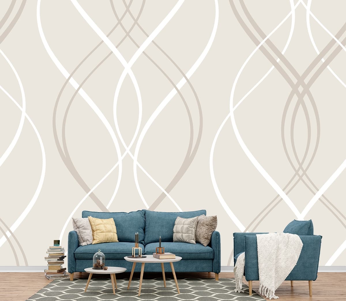 A pattern of lines on a white background shown in a room