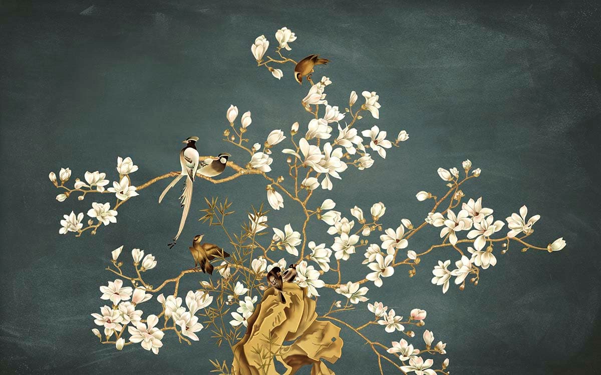 White Flower Tree with Birds Nature Wallpaper pattern detail