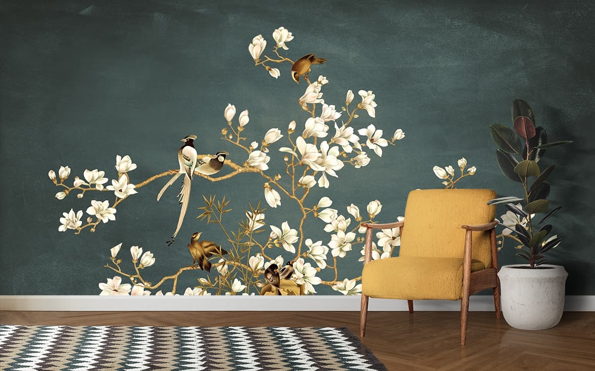 White Flower Tree with Birds Nature Wallpaper shown in a room