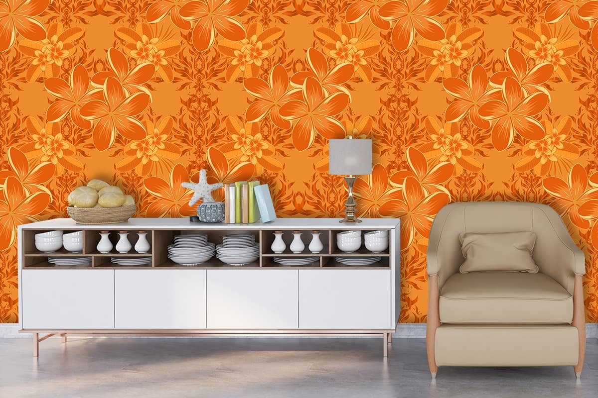 Beautiful Orangish Yellow Mural Wallpaper shown in a room
