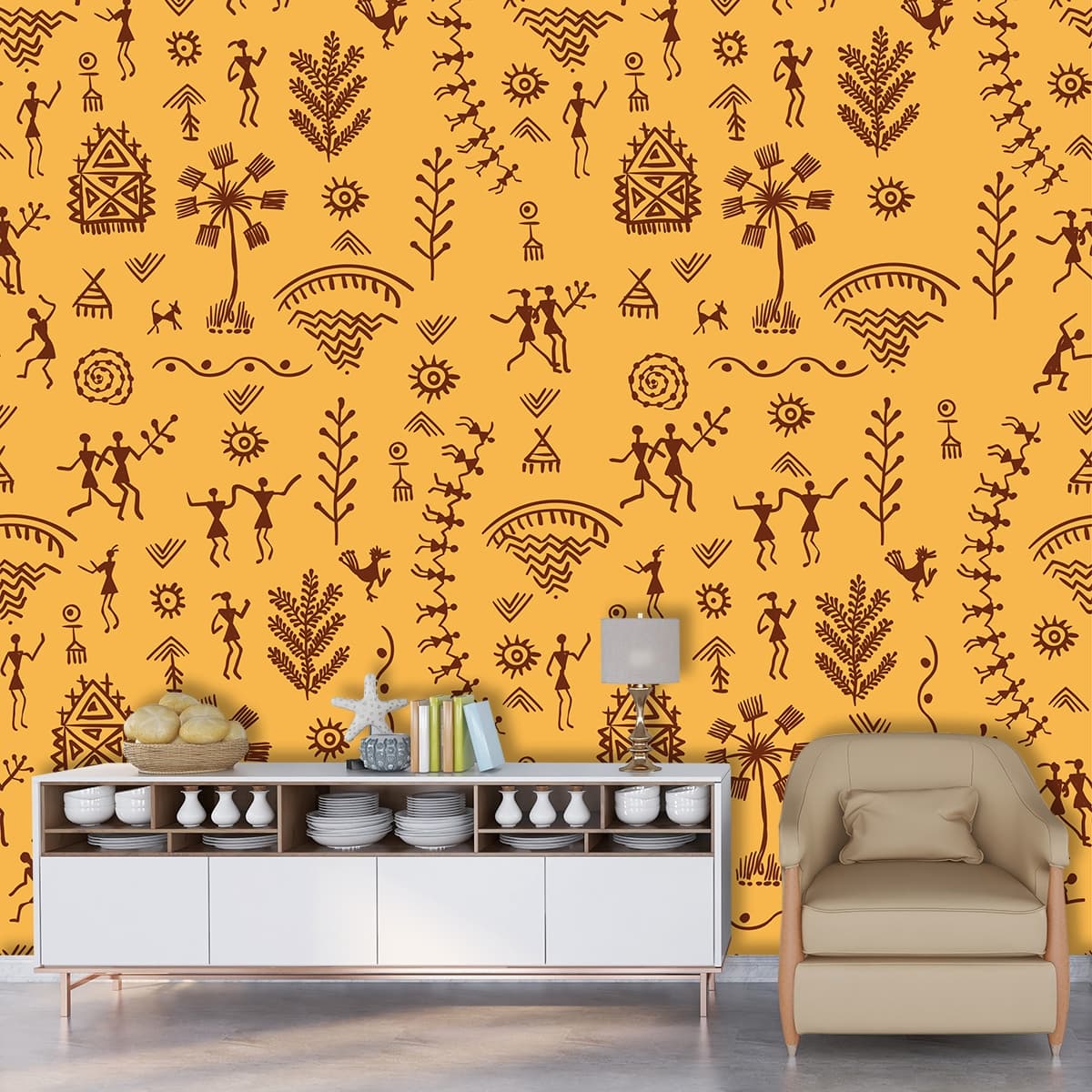 Traditional Indian Tribal Folk Art Pattern Wallpaper shown in a room