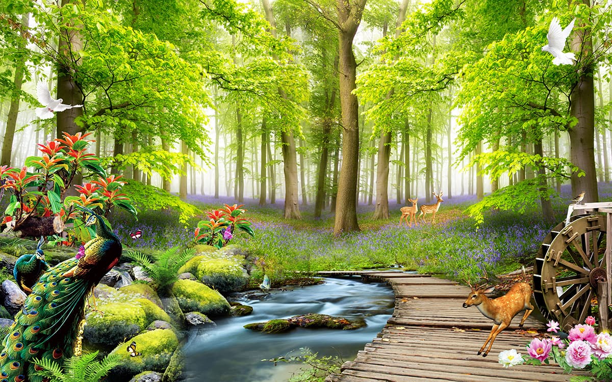 Wood Bridge Over Stream, Forest Wallpaper for Walls pattern detail