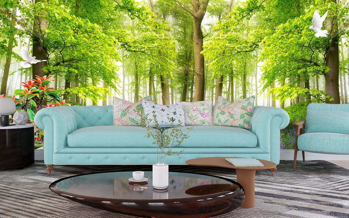Wood Bridge Over Stream, Forest Wallpaper for Walls shown in a room