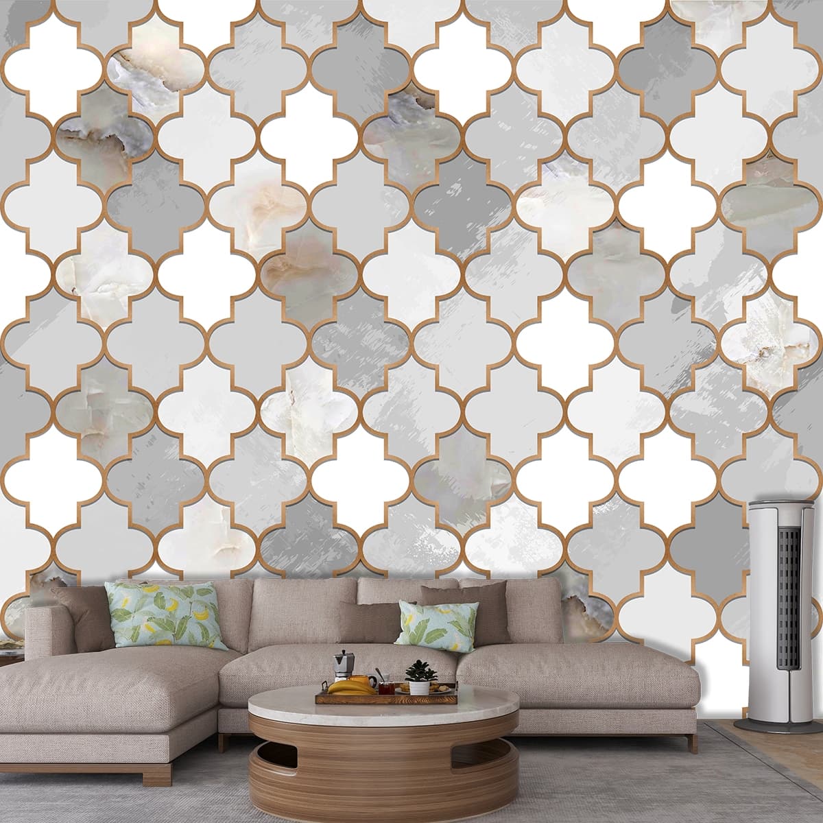 Elegant Grey and White Tile Design with Gold Trim Wallpaper shown in a room