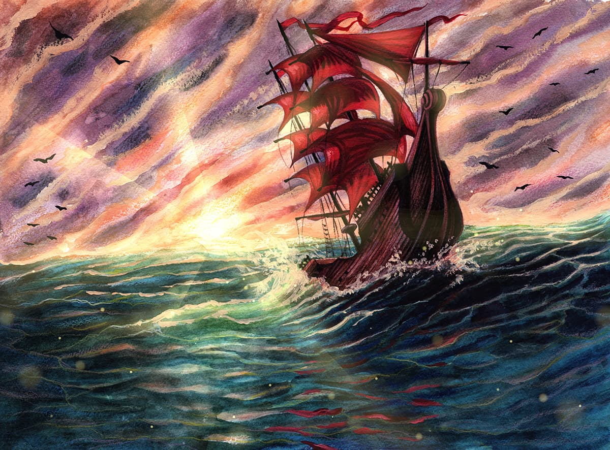 Painting of a Ship in the Ocean Wallpaper pattern detail