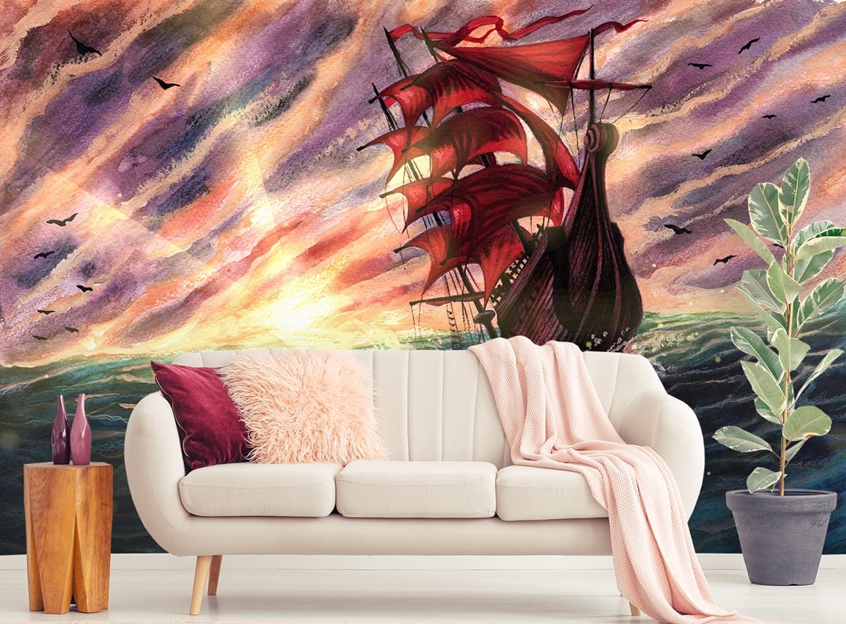 Painting of a Ship in the Ocean Wallpaper shown in a room