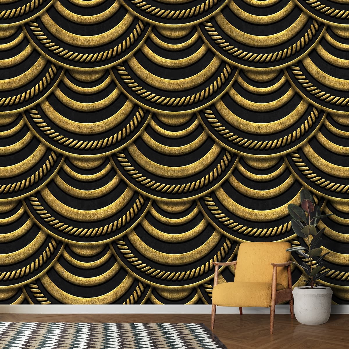 3D Gold and Black Patterned Wallpaper for Wall shown in a room