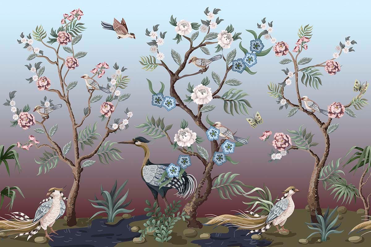 Pretty Birds and Flowers in a Blue Garden Wallpaper pattern detail