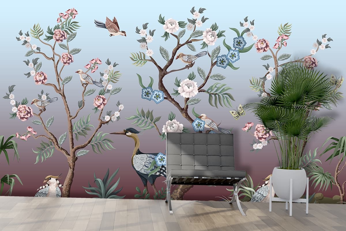 Pretty Birds and Flowers in a Blue Garden Wallpaper shown in a room