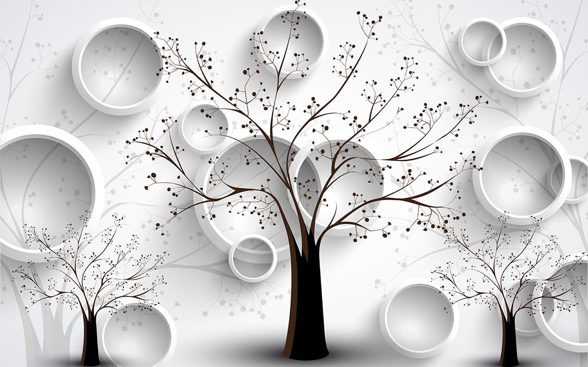 Abstract Tree with Leaves and Circular Patterns Modern Art Wallpaper pattern detail