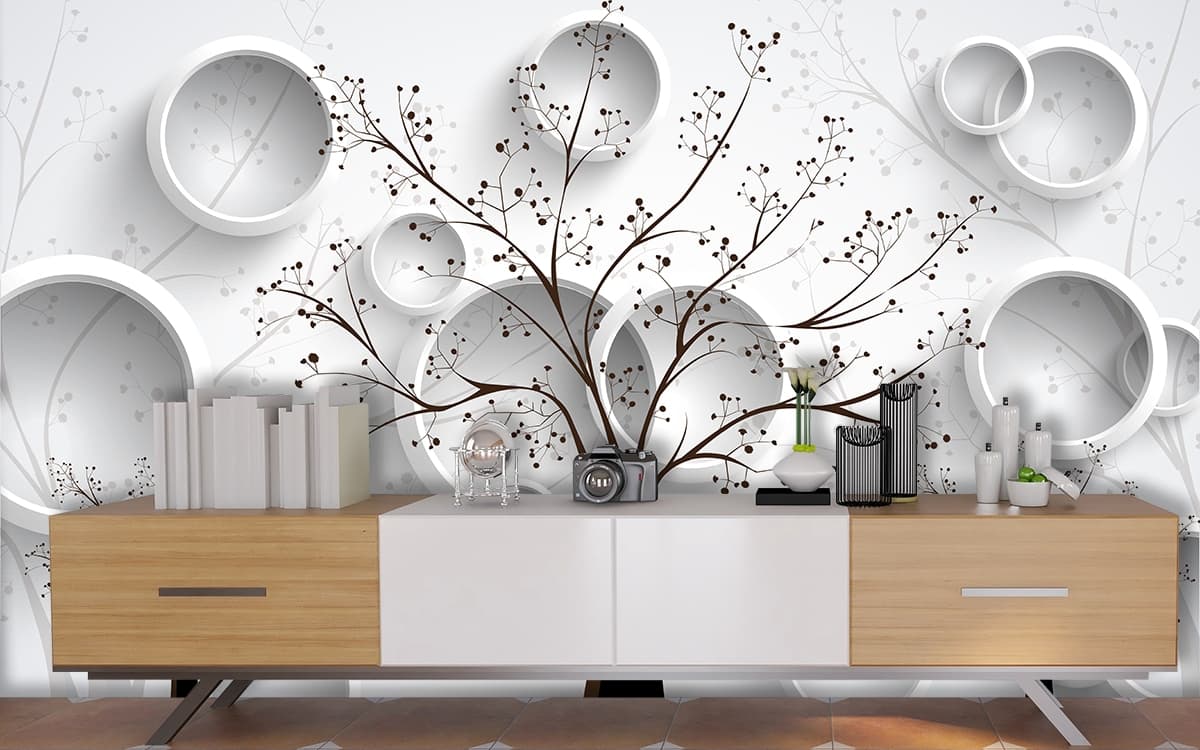 Abstract Tree with Leaves and Circular Patterns Modern Art Wallpaper shown in a room