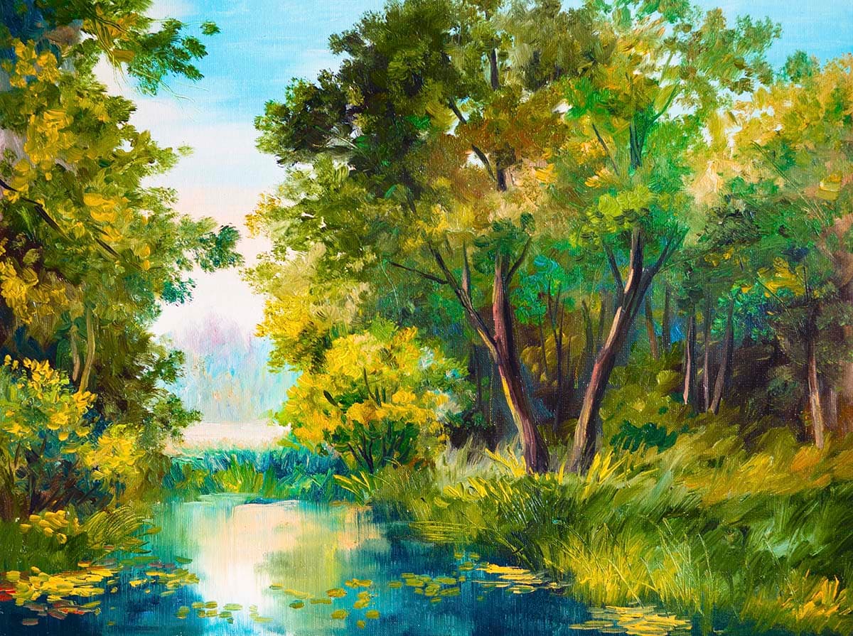 Elegant River Scene with Green Grass Wallpaper pattern detail