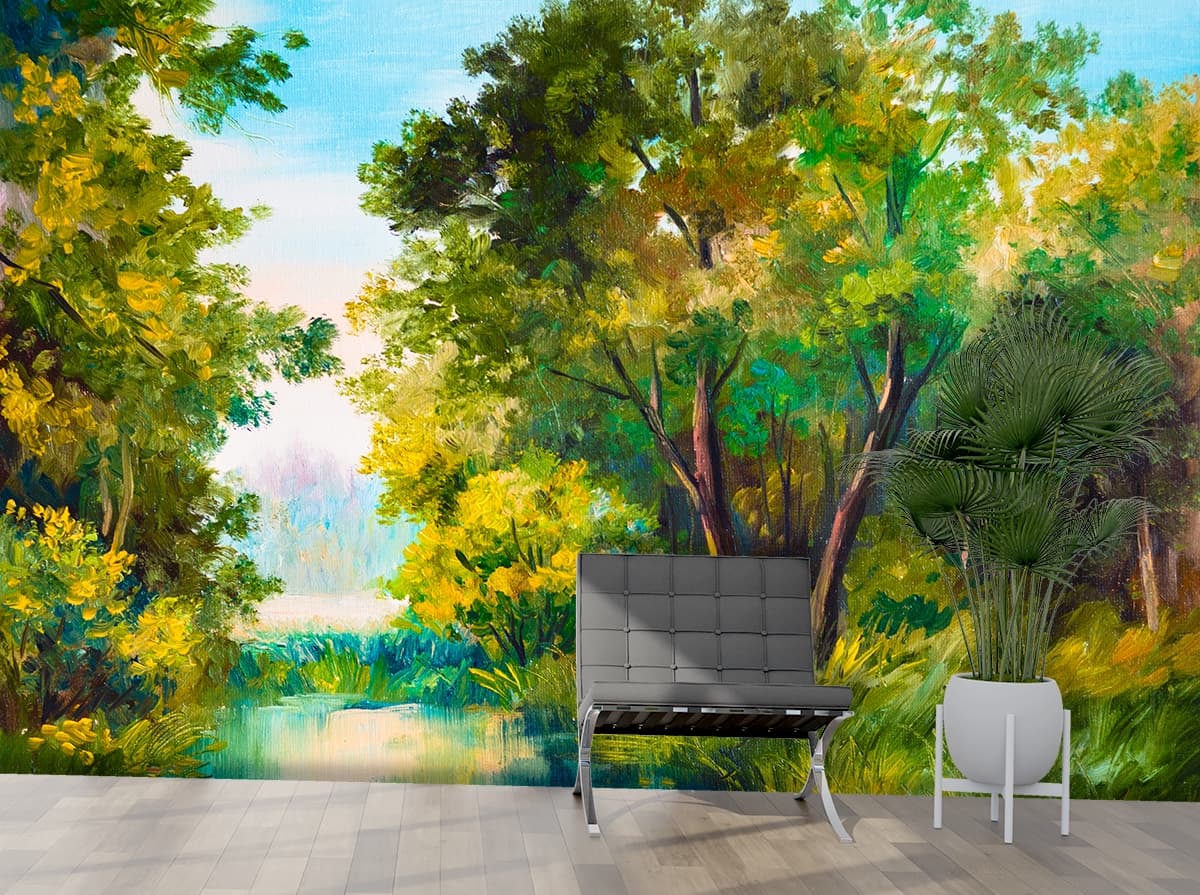 Elegant River Scene with Green Grass Wallpaper shown in a room
