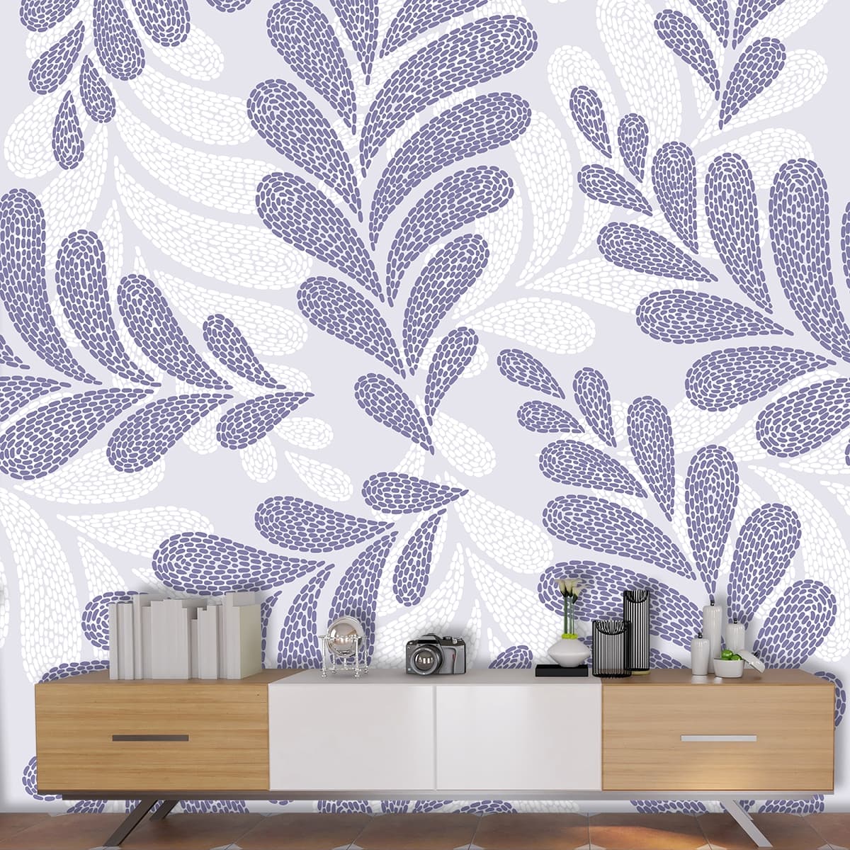Modern Leaf Motif in Purple and White Wallpaper shown in a room