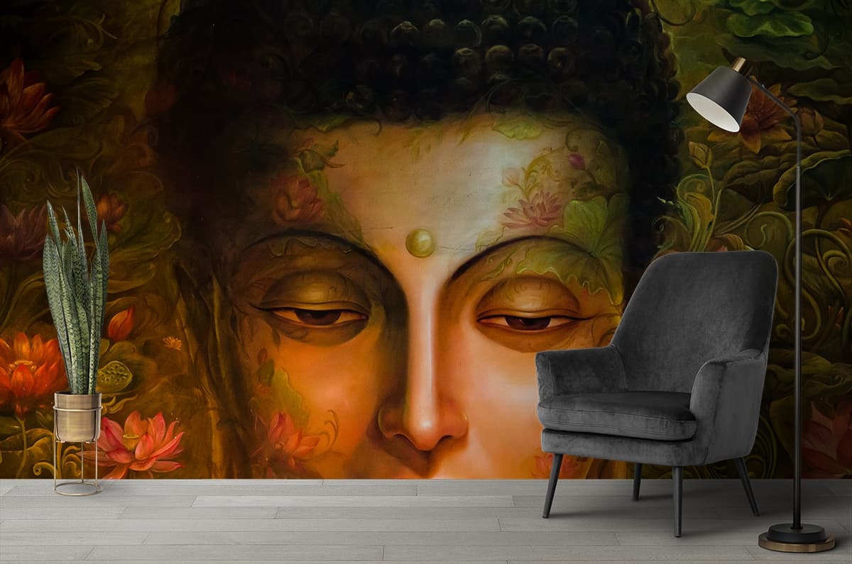 Artistic Buddha Painting with Radiant Light Wallpaper shown in a room