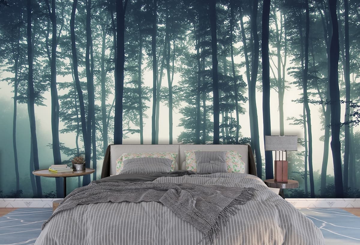 Nature Foggy Forest Scene Pattern Wall Wallpaper shown in a room