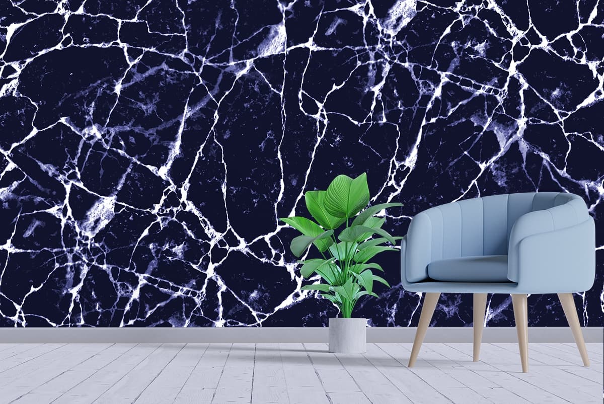 Elegant Blue and White Marble Texture Modern Wallpaper shown in a room