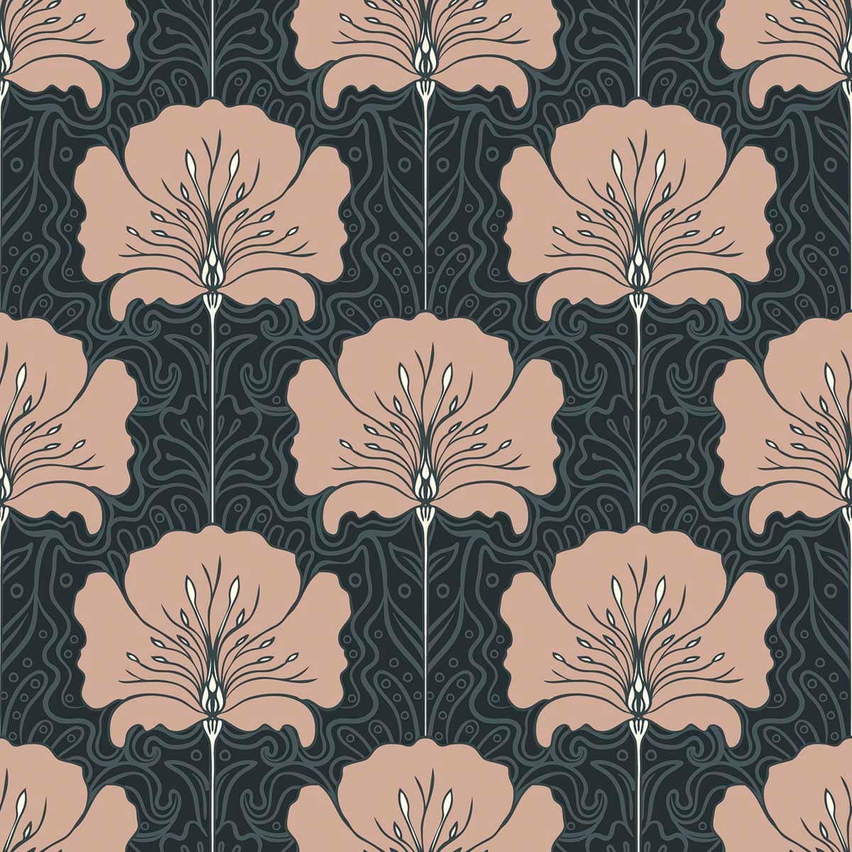 A pattern of flowers on a black background pattern detail