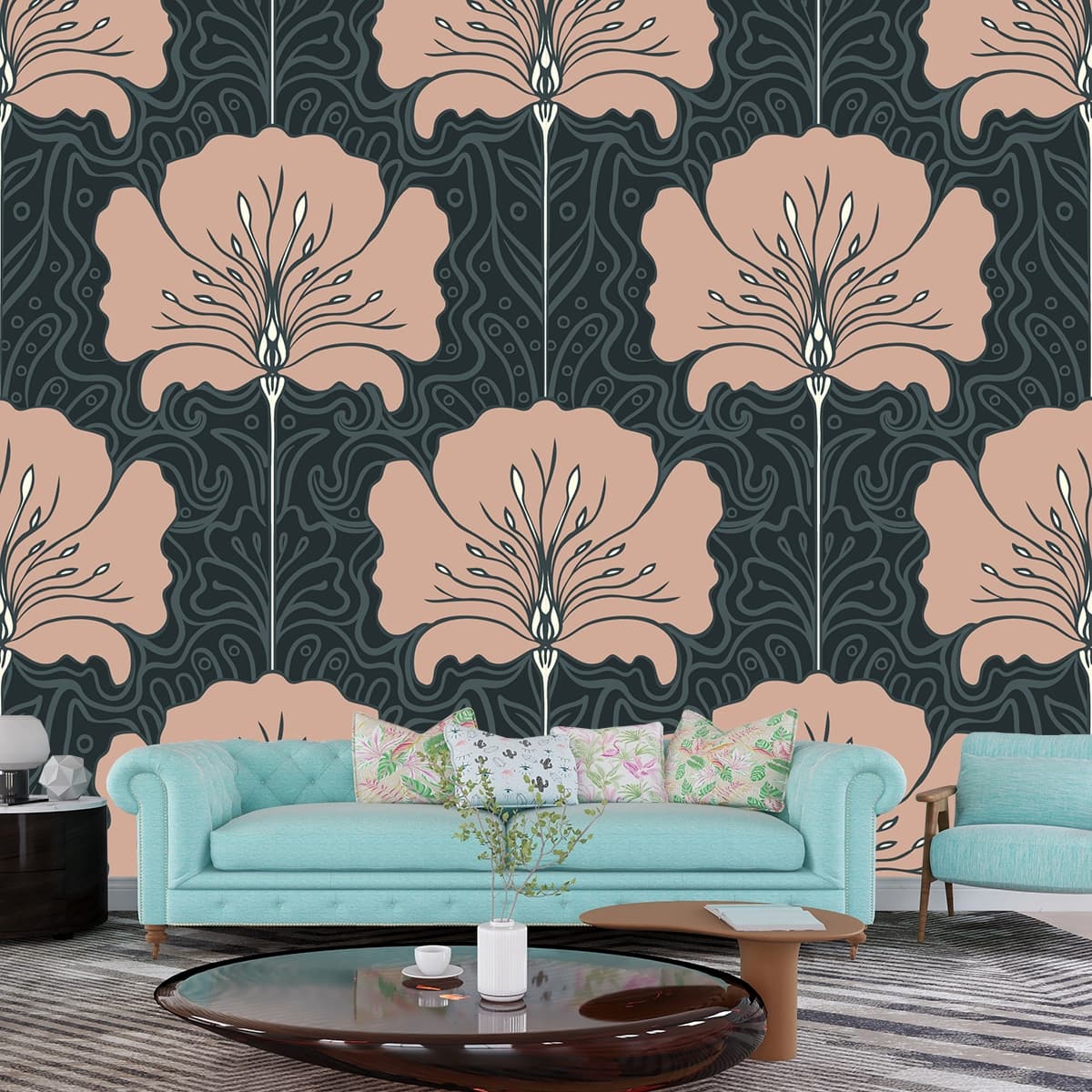 A pattern of flowers on a black background shown in a room