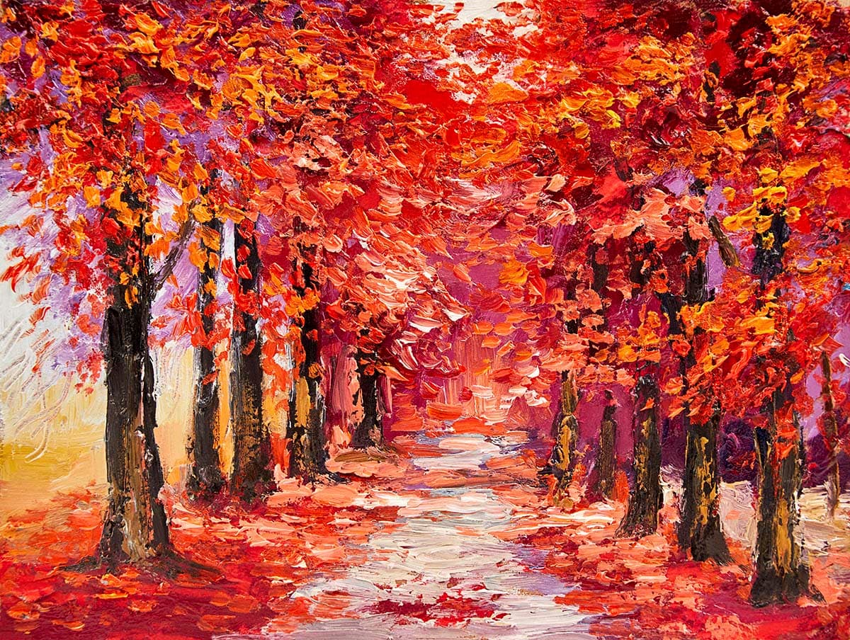 Autumn Pathway with Red Leaves Scenic Wallpaper pattern detail