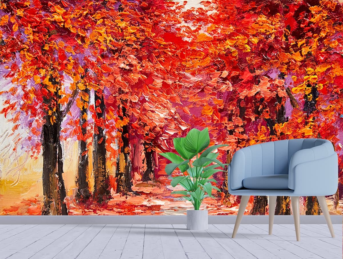Autumn Pathway with Red Leaves Scenic Wallpaper shown in a room