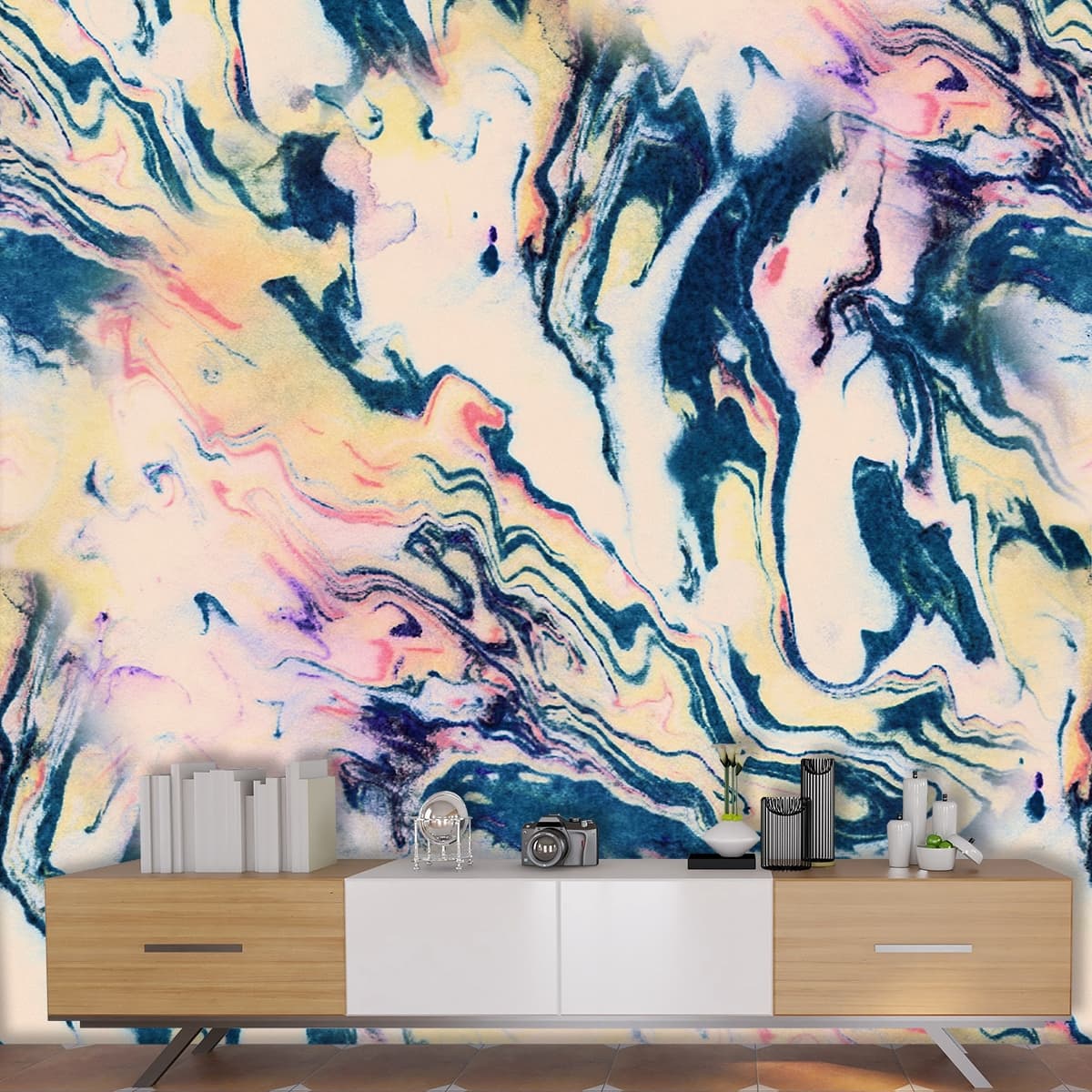 Fluid Colorful Swirls Paper Style Design wallpaper shown in a room