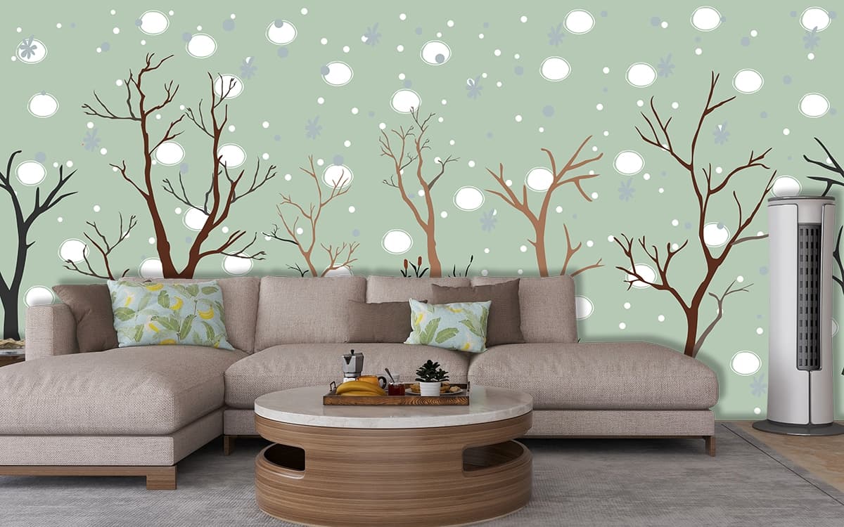 A drawing of trees and snow shown in a room