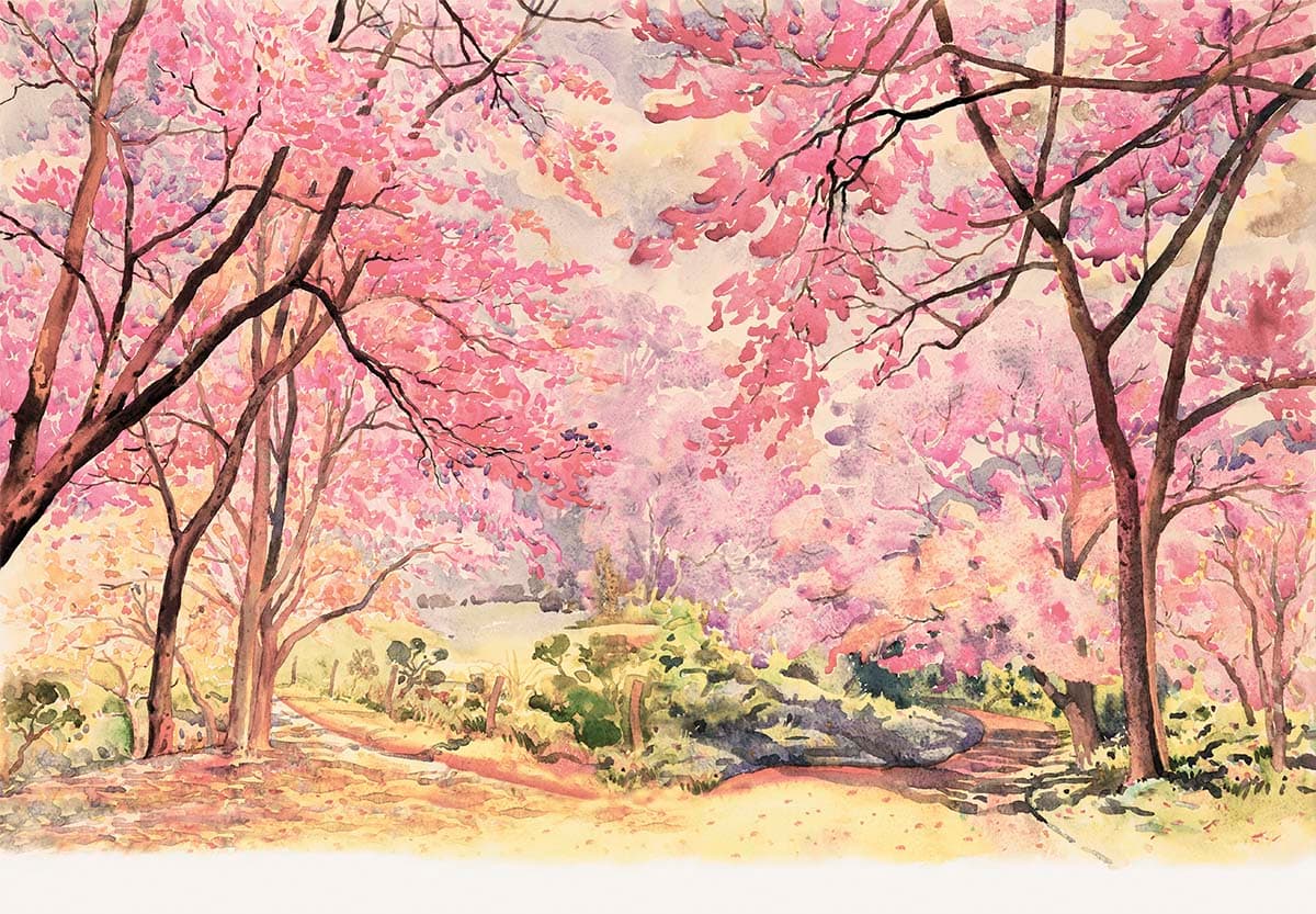 Watercolor Pink Trees Landscape Wallpaper pattern detail